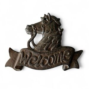 Vtg Cast Iron Rustic WELCOME HORSE HEAD Door Knocker Western Cowboy Rodeo Equine
